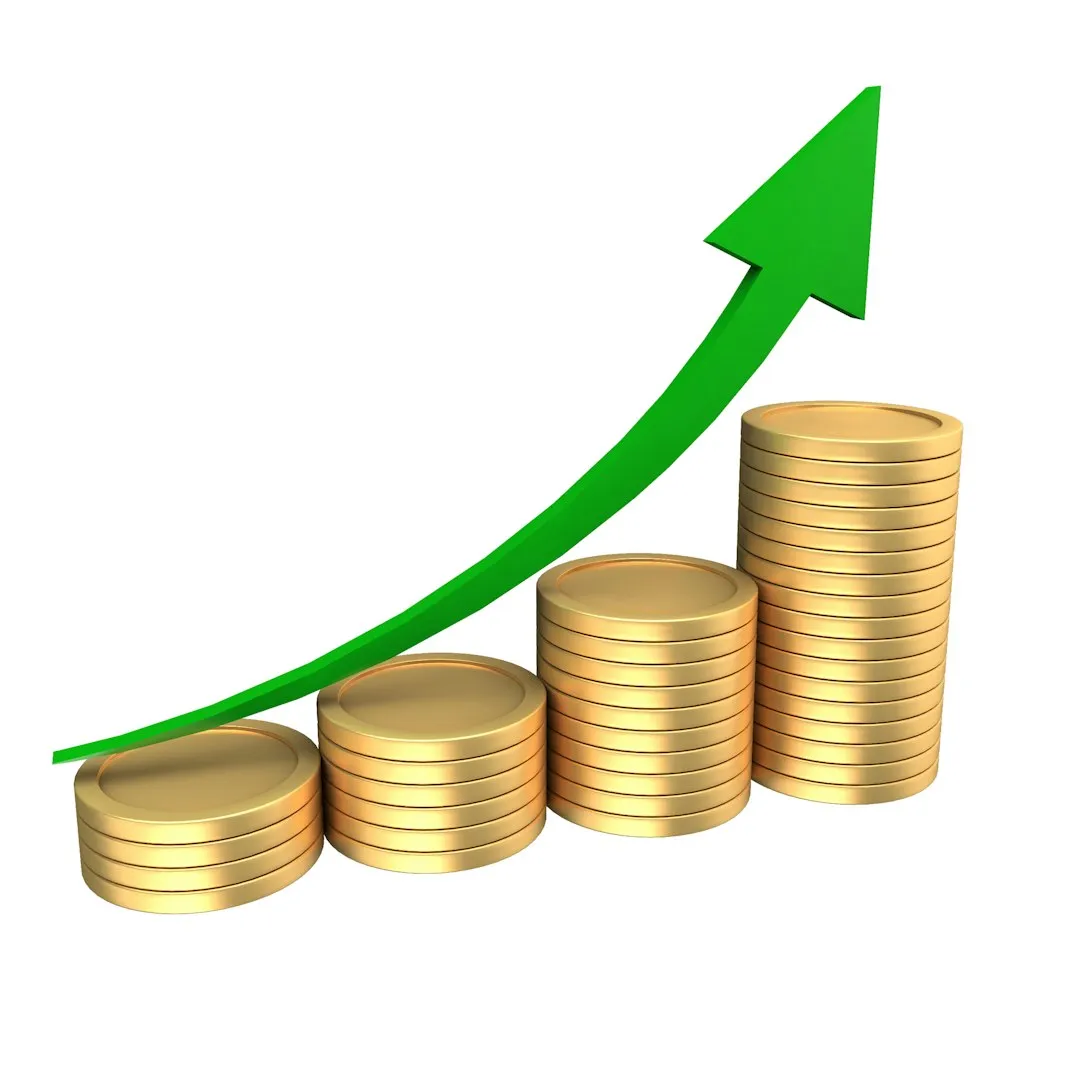 Gold coin stacks with green upward arrow symbolizing investment growth, profit increase, and financial success, clean 3D business finance concept isolated on white background.