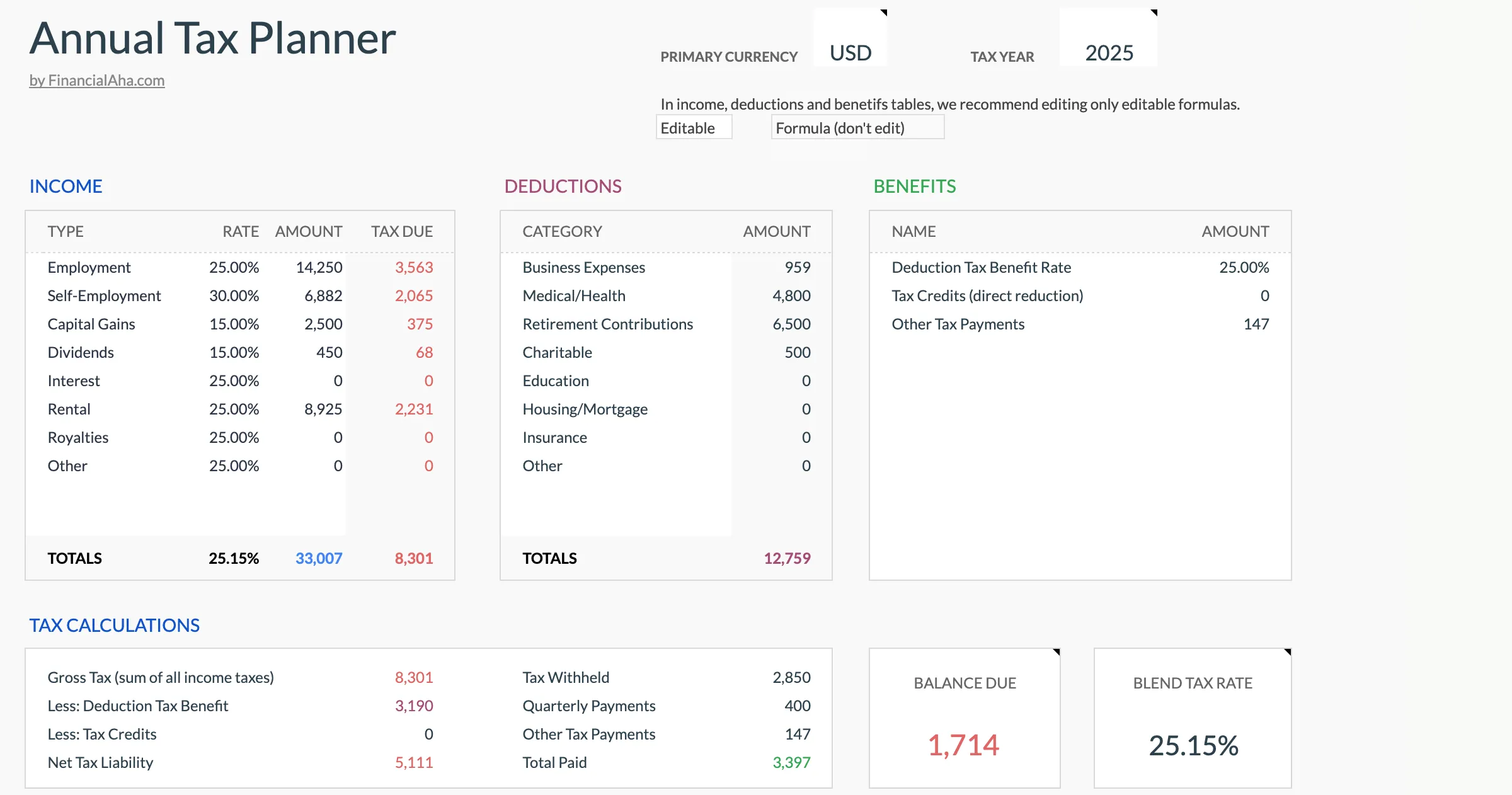 Annual Tax Planner Template Preview