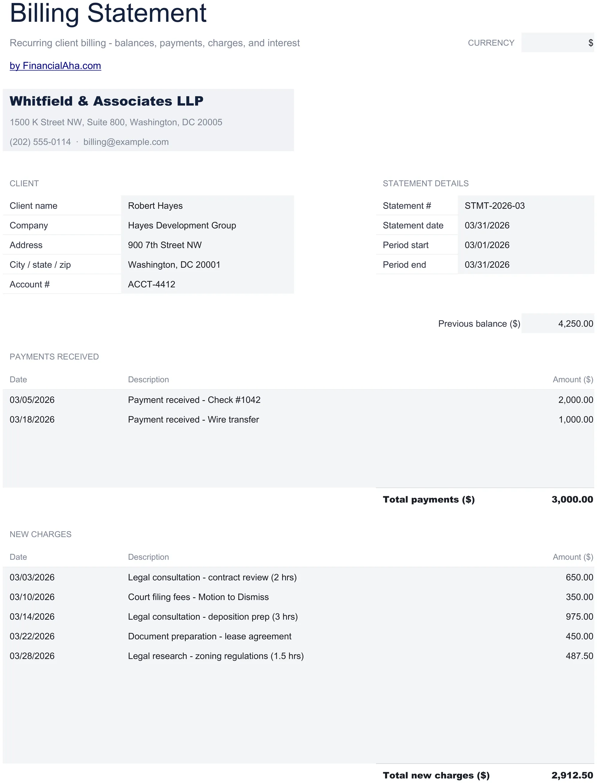 Essentials Billing Statement spreadsheet template - Google Sheets and Excel preview