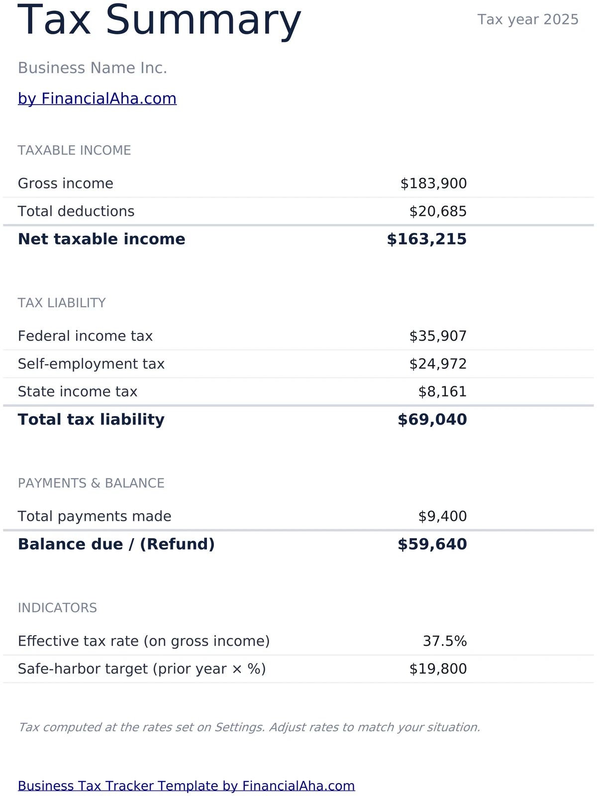 Tax Summary Calculation