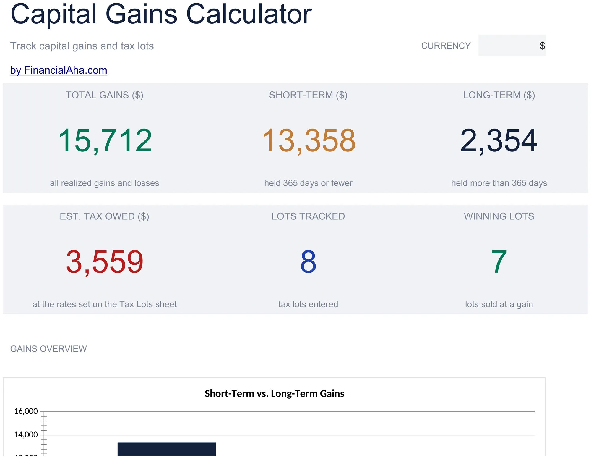 Essentials Capital Gains Calculator spreadsheet template - Google Sheets and Excel preview