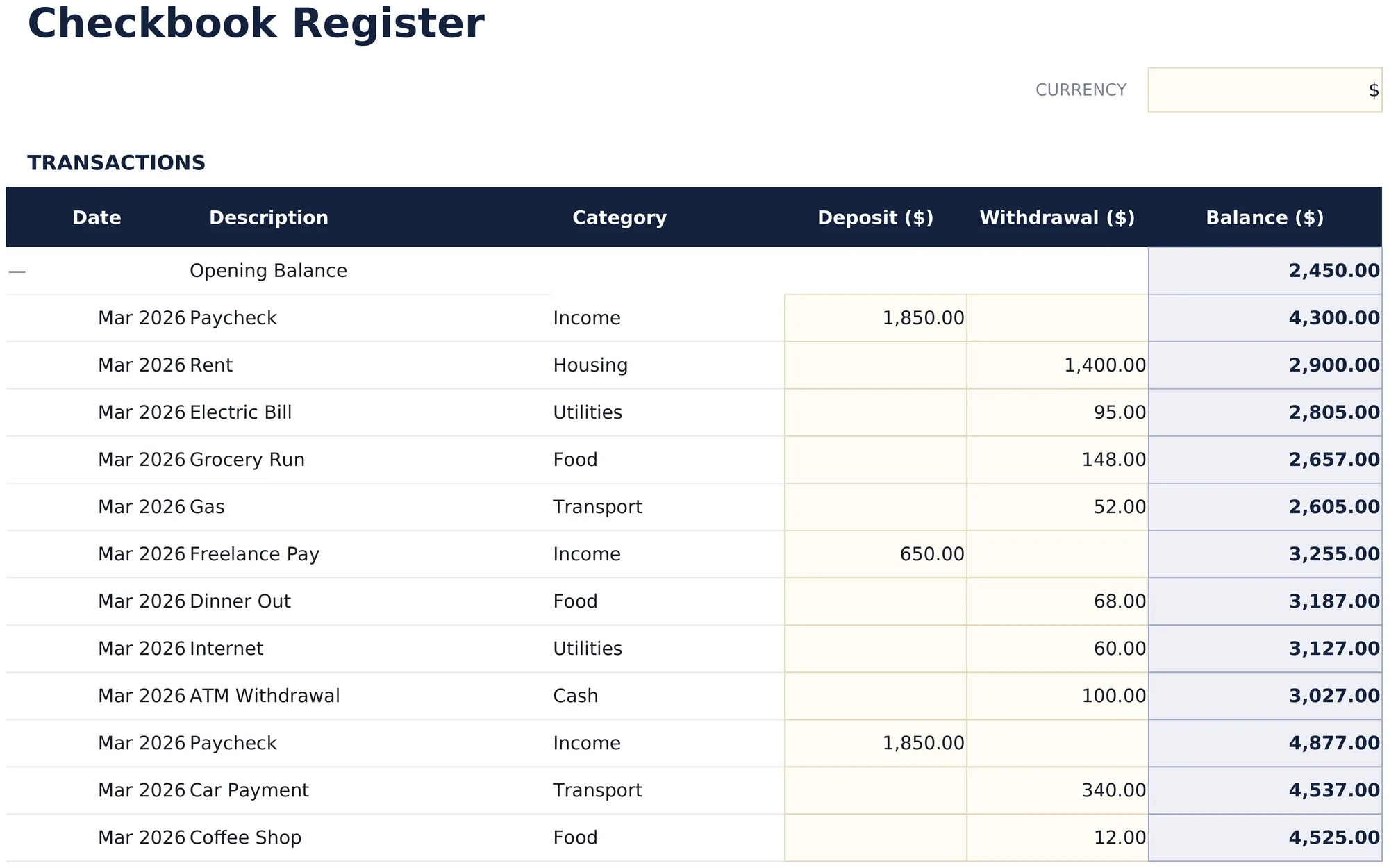 Checkbook Register preview