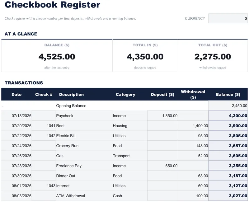 Checkbook Register