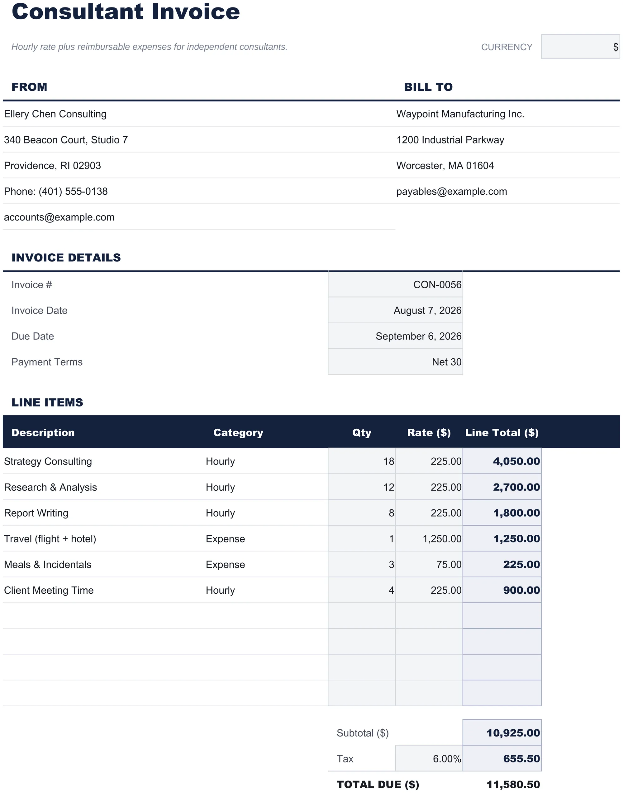 Free Consultant Invoice Spreadsheet Template for Google Sheets & Excel - dashboard preview