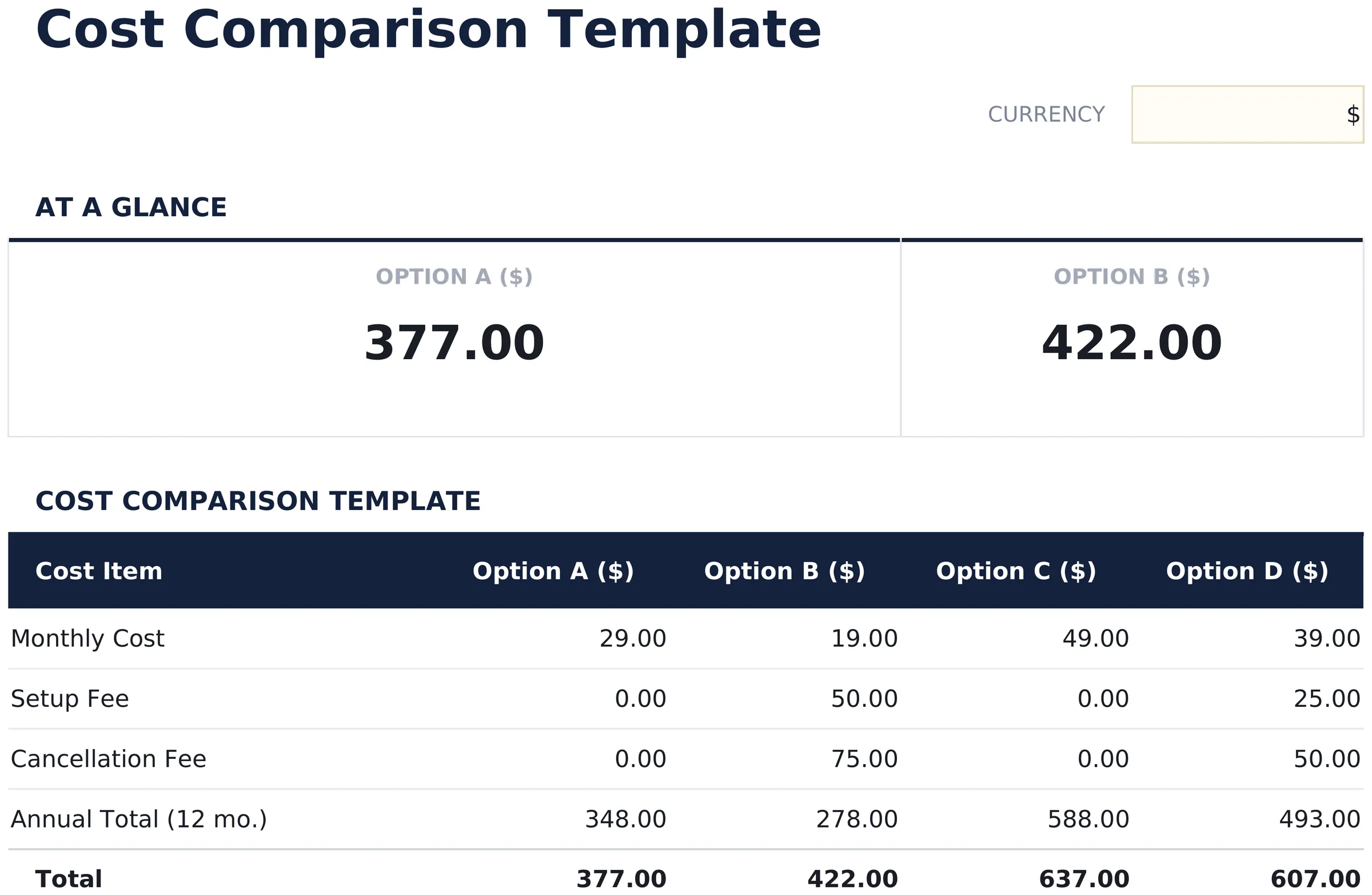 Cost Comparison Template preview