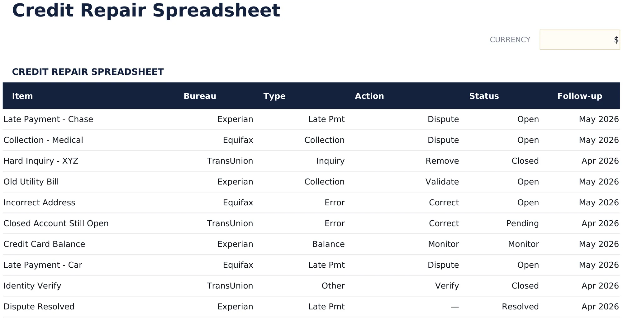 Credit Repair Spreadsheet preview