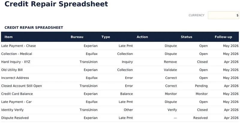 Credit Repair Spreadsheet