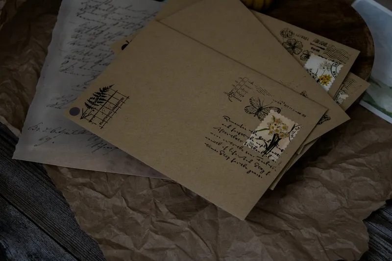 Stack of vintage envelopes with botanical stickers and decorative stamps arranged on a wooden table surface