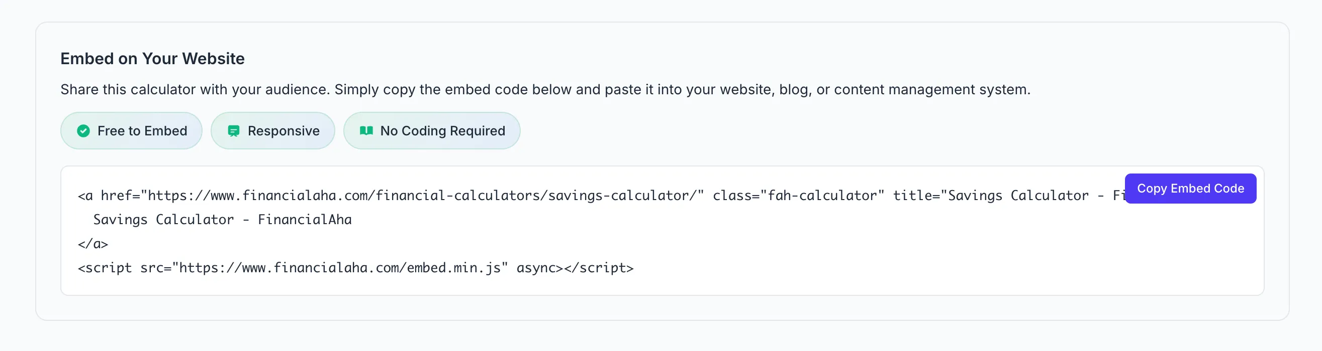 Embed code generator with copy button