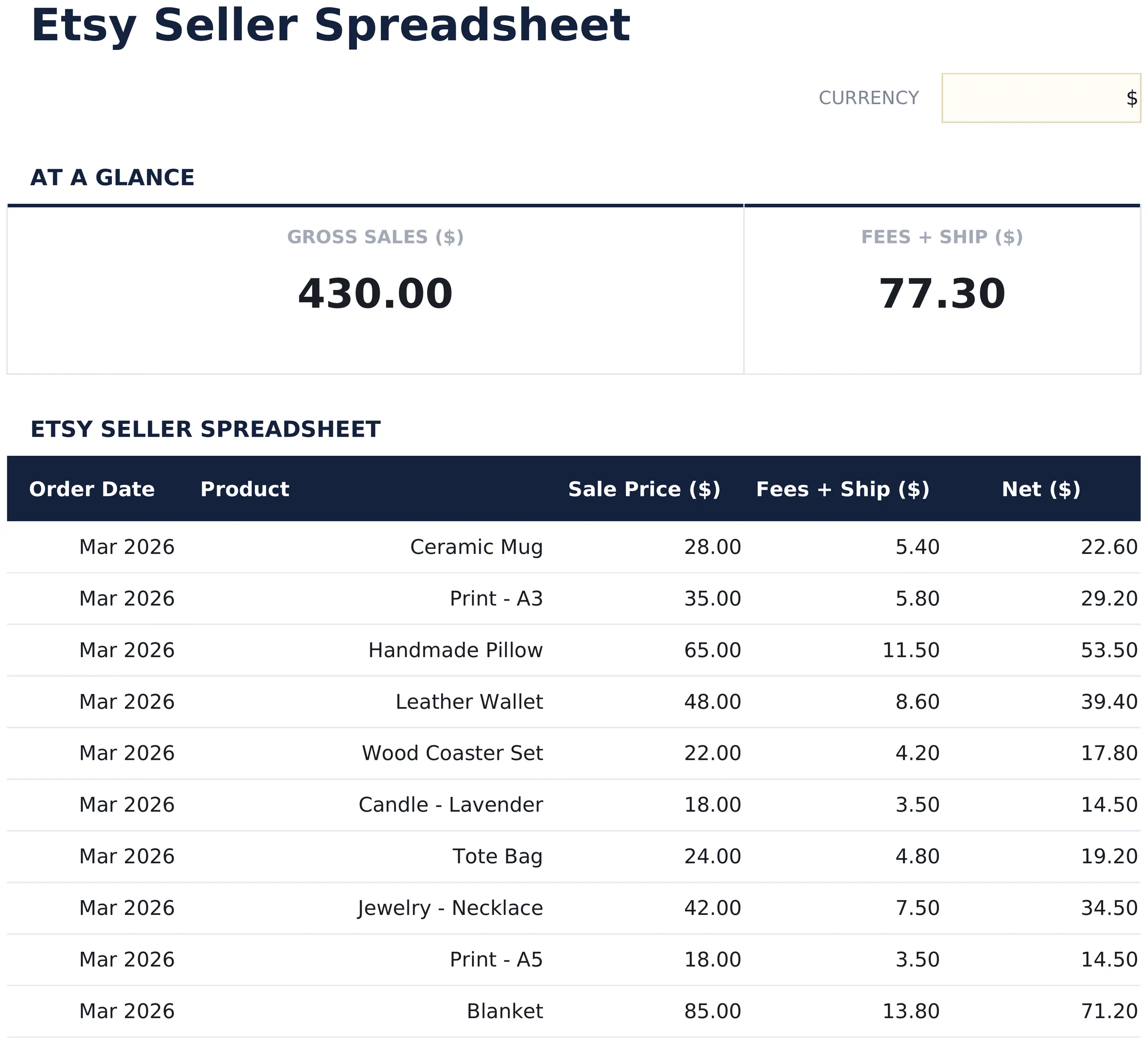 Etsy Seller Spreadsheet preview