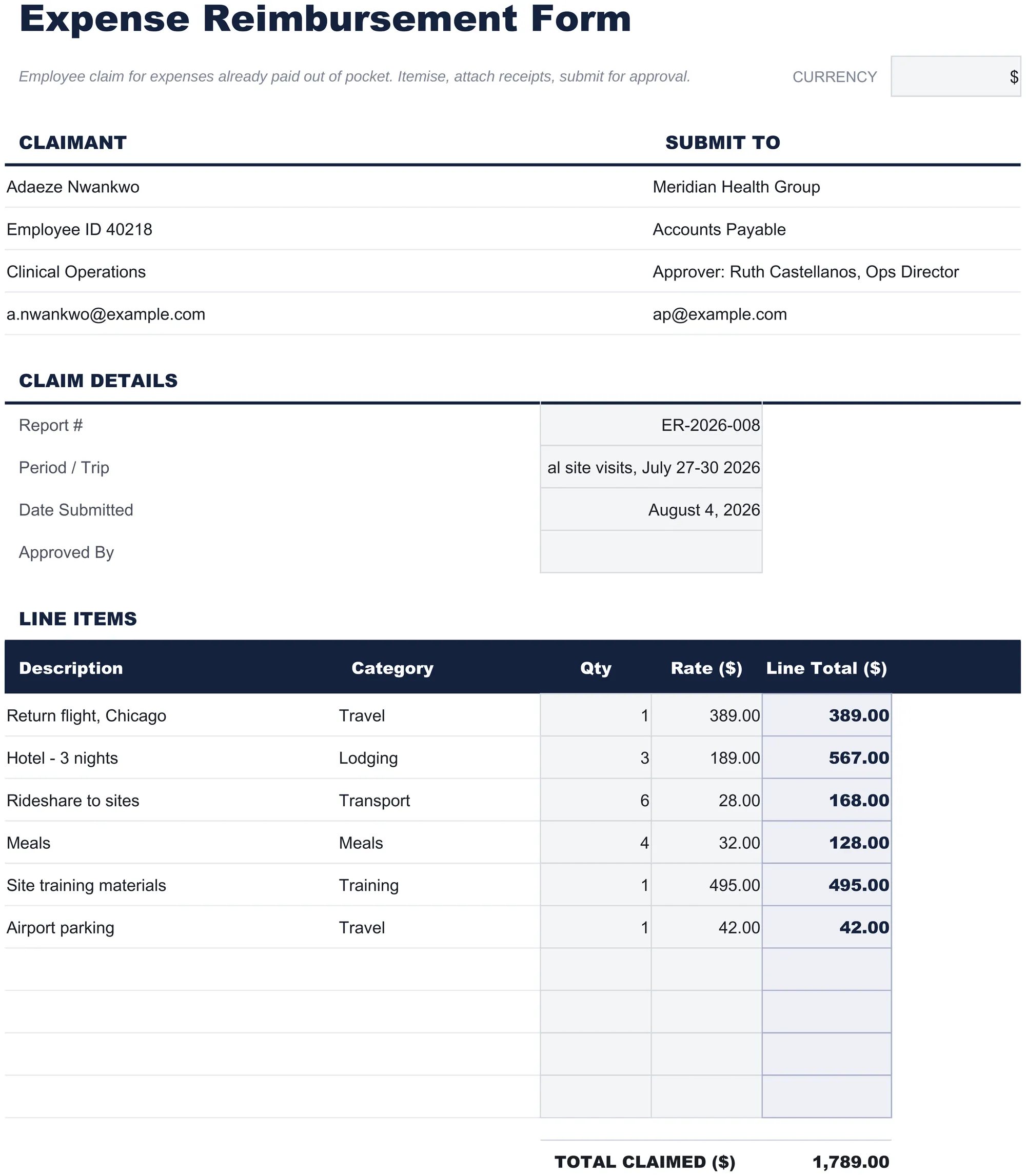 Free Expense Reimbursement Form Spreadsheet Template for Google Sheets & Excel - dashboard preview