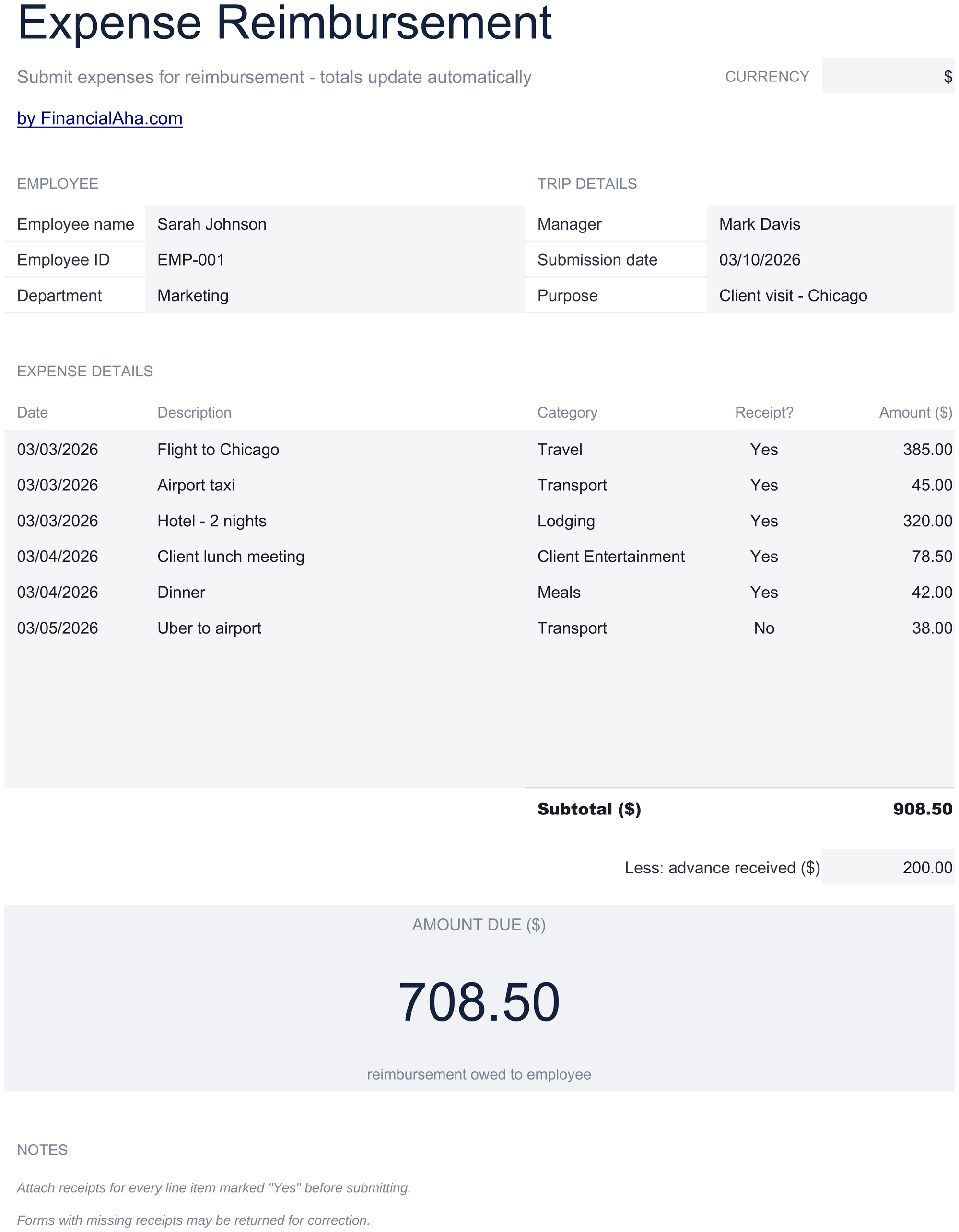 Essentials Expense Reimbursement Form spreadsheet template preview