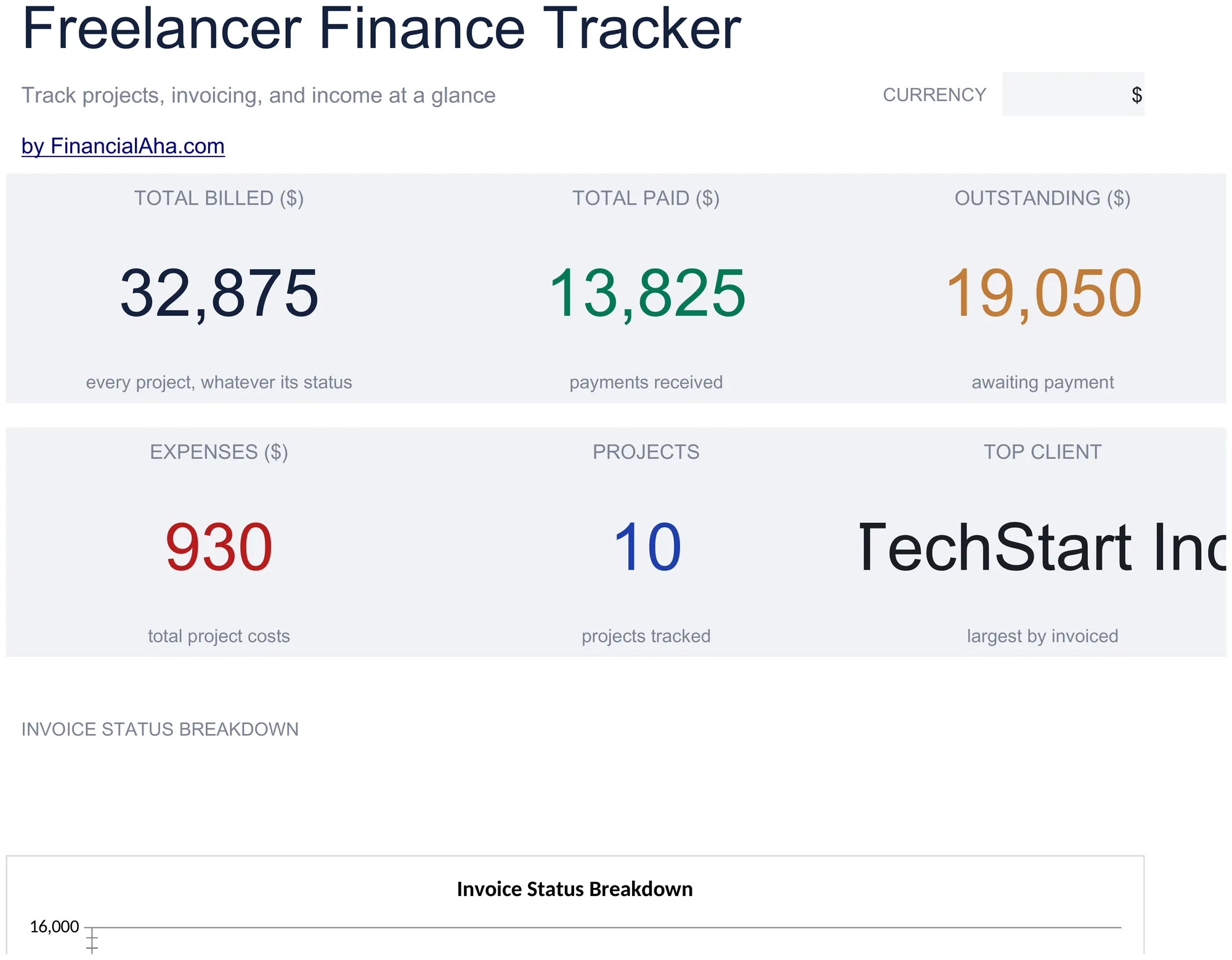 Essentials Freelancer Finance Tracker spreadsheet template - Google Sheets and Excel preview