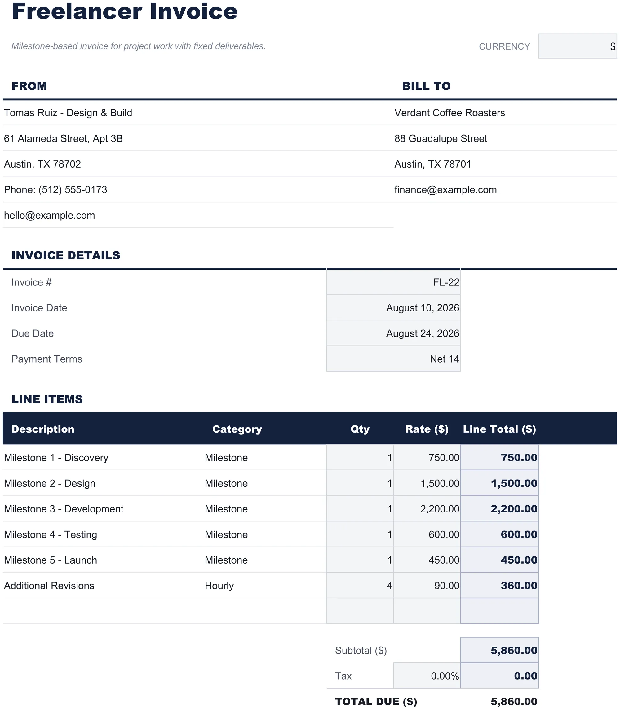 Free Freelancer Invoice Spreadsheet Template for Google Sheets & Excel - dashboard preview