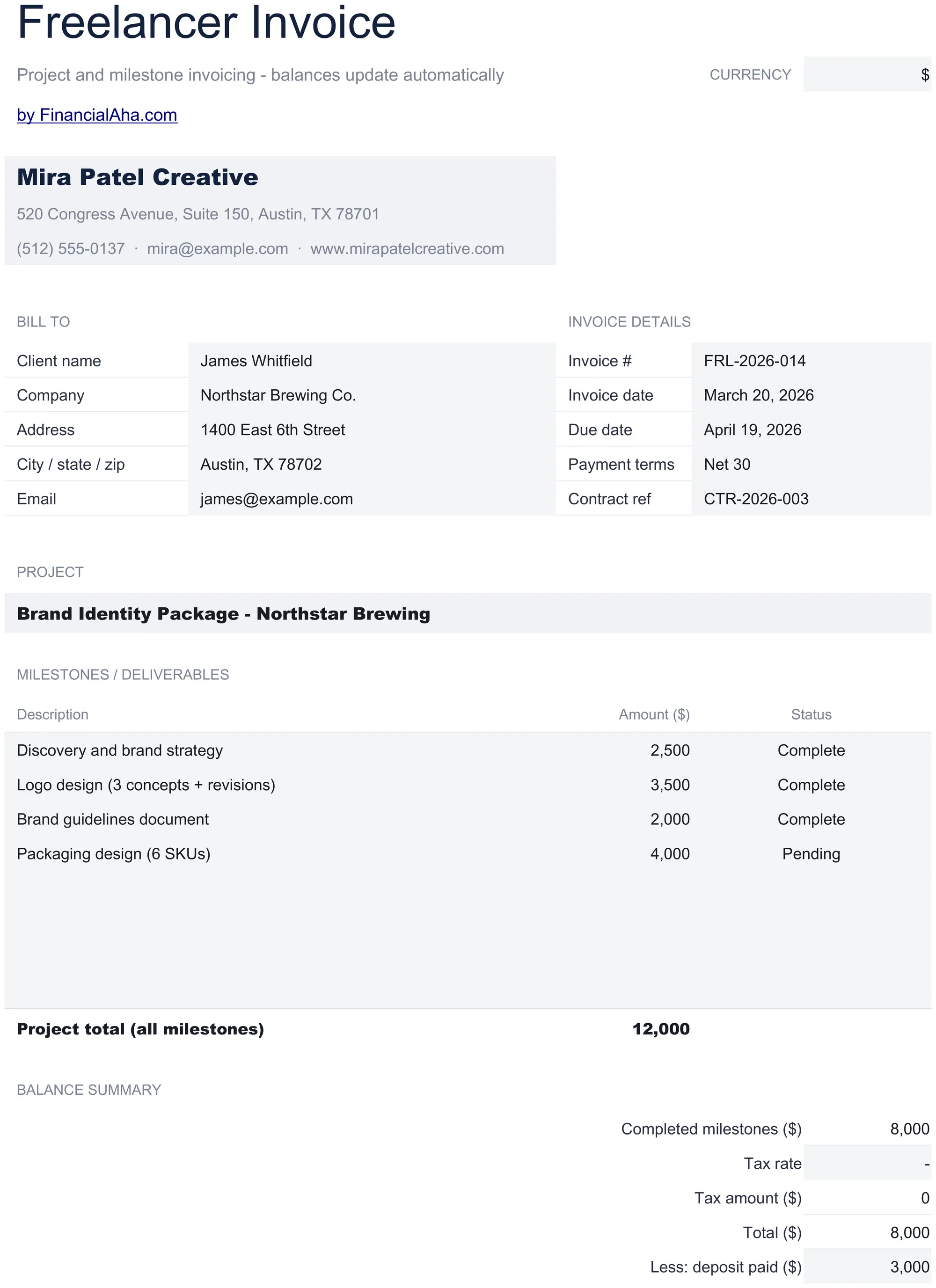 Essentials Freelancer Invoice spreadsheet template - Google Sheets and Excel preview