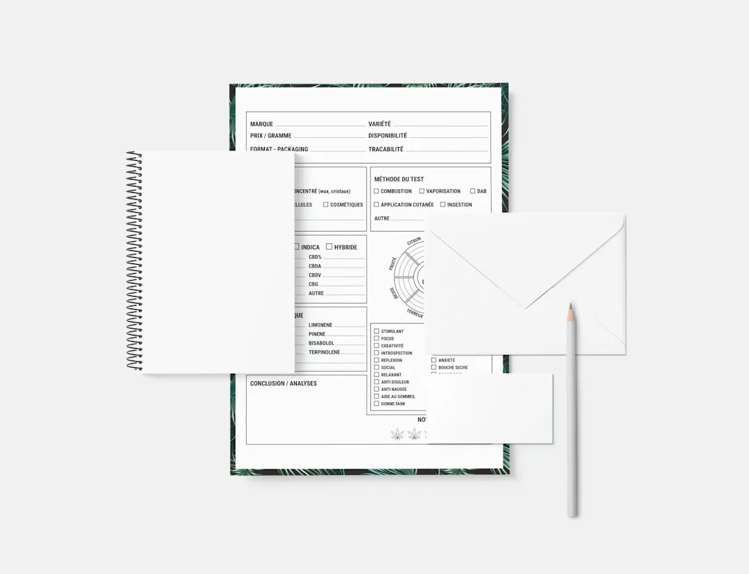 Feuille de notation produit cannabis et CBD customisable avec votre logo ou vos informations