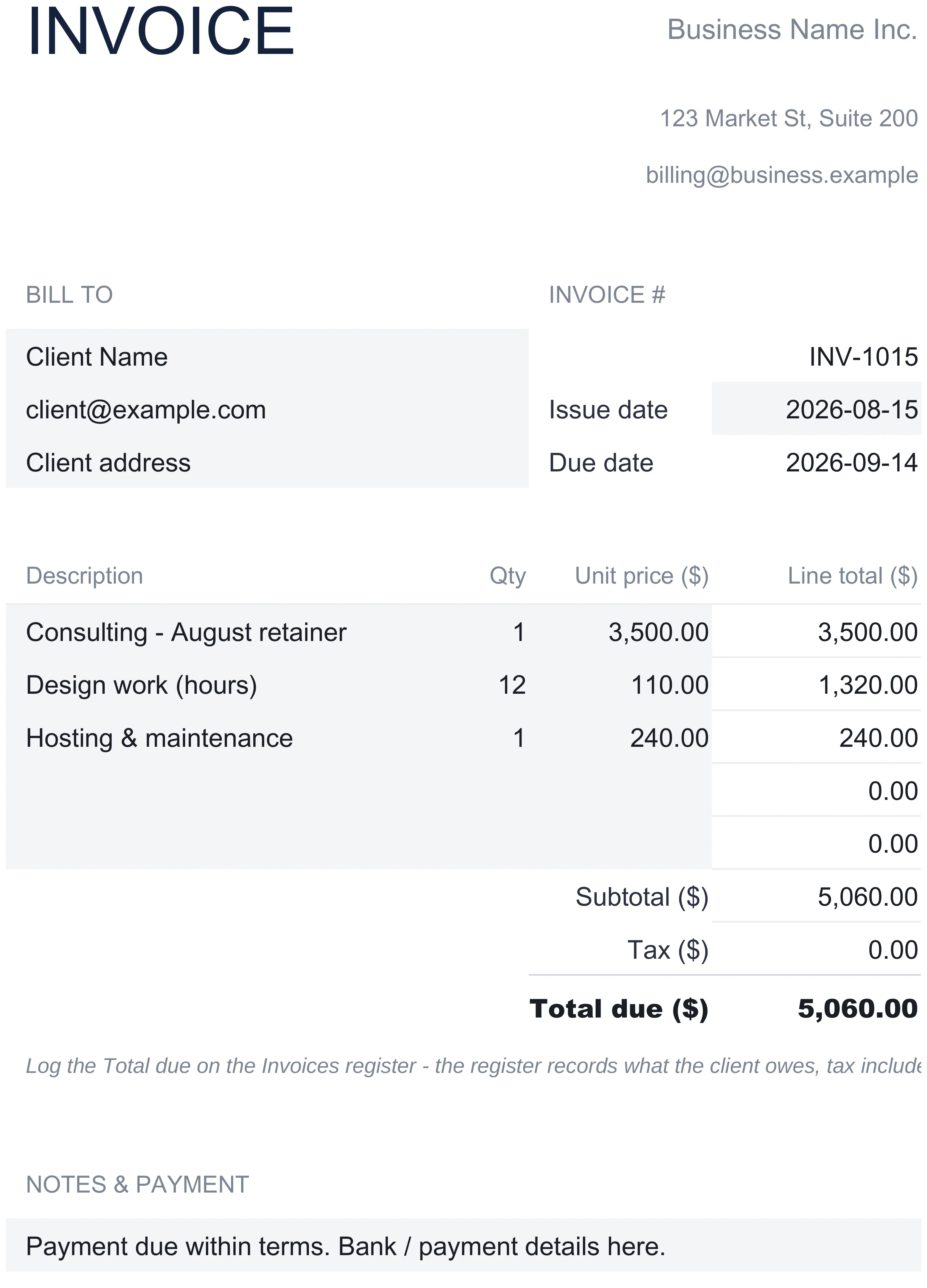 Invoice tracker Invoice document for INV-1015, issue date 2026-08-15 and due date 2026-09-14, with three line items: Consulting August retainer 3,500, Design work 12 hours at 110 for 1,320, and Hosting and maintenance 240, giving a subtotal of 5,060, tax 0, and total due 5,060.