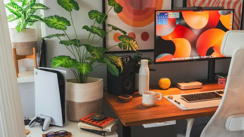 Silver laptop sitting on a light wooden desk next to a small potted green plant in soft natural light