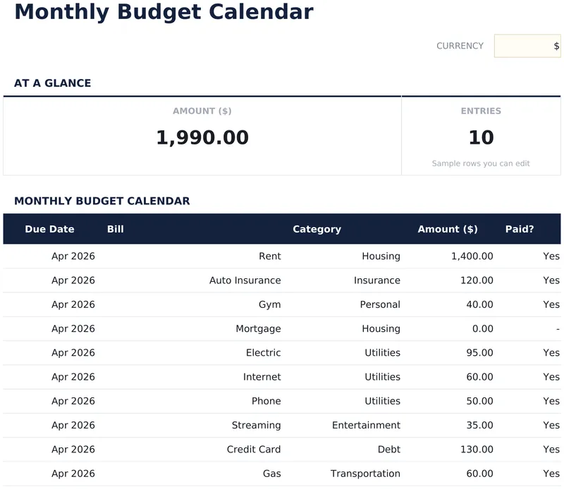 Monthly Budget Calendar