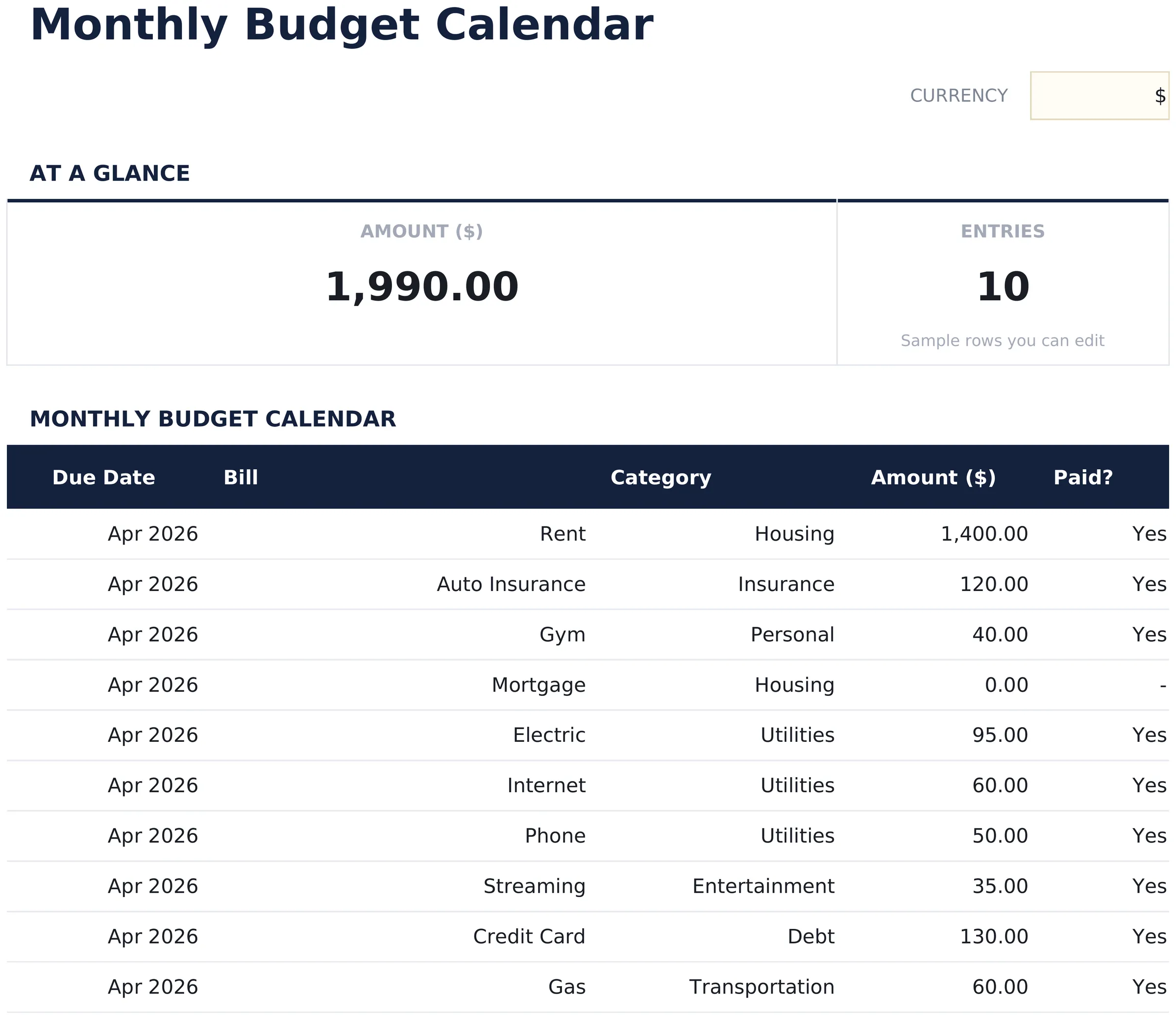 Monthly Budget Calendar preview