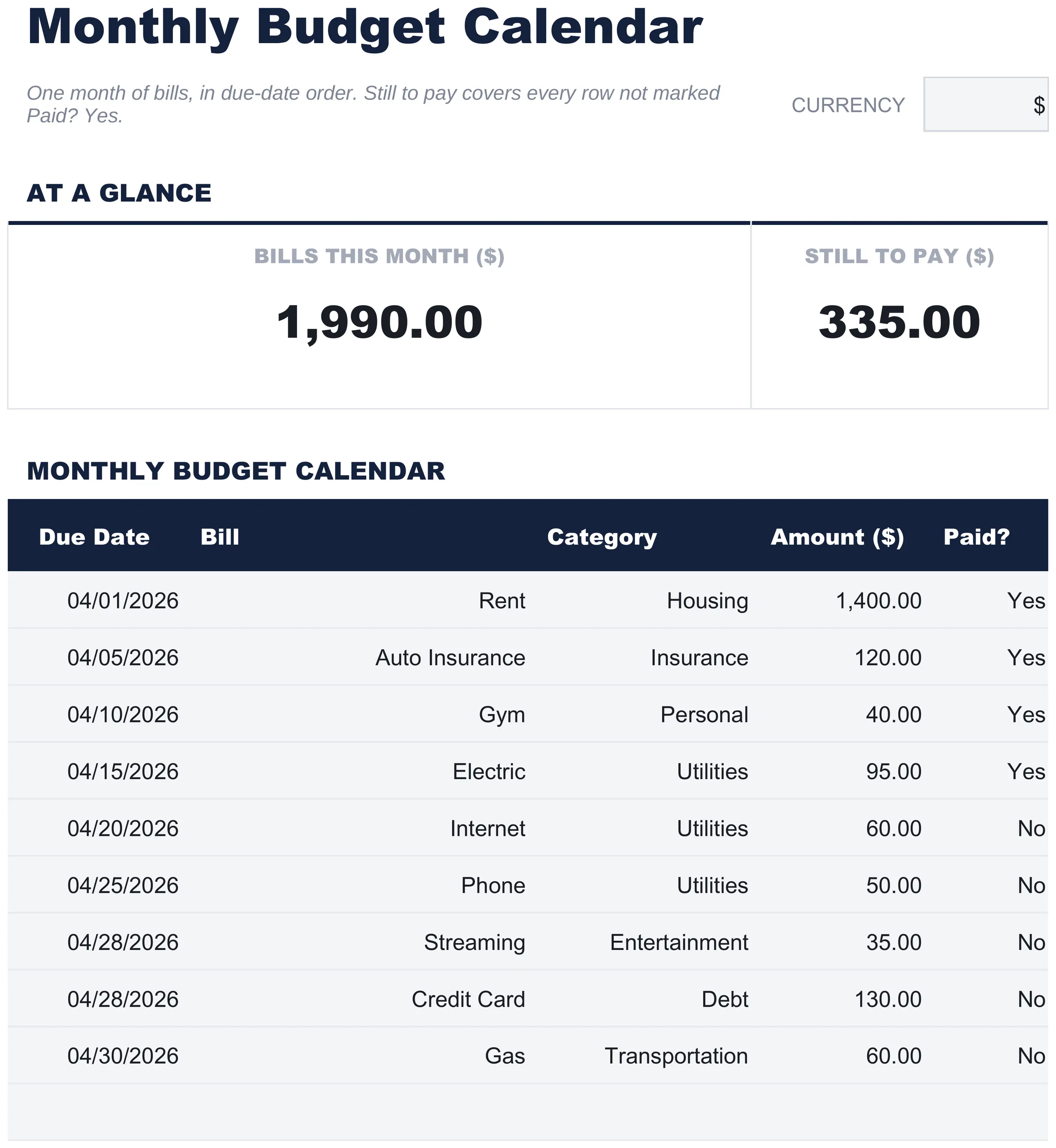 Free Monthly Budget Calendar Spreadsheet Template for Google Sheets & Excel - dashboard preview