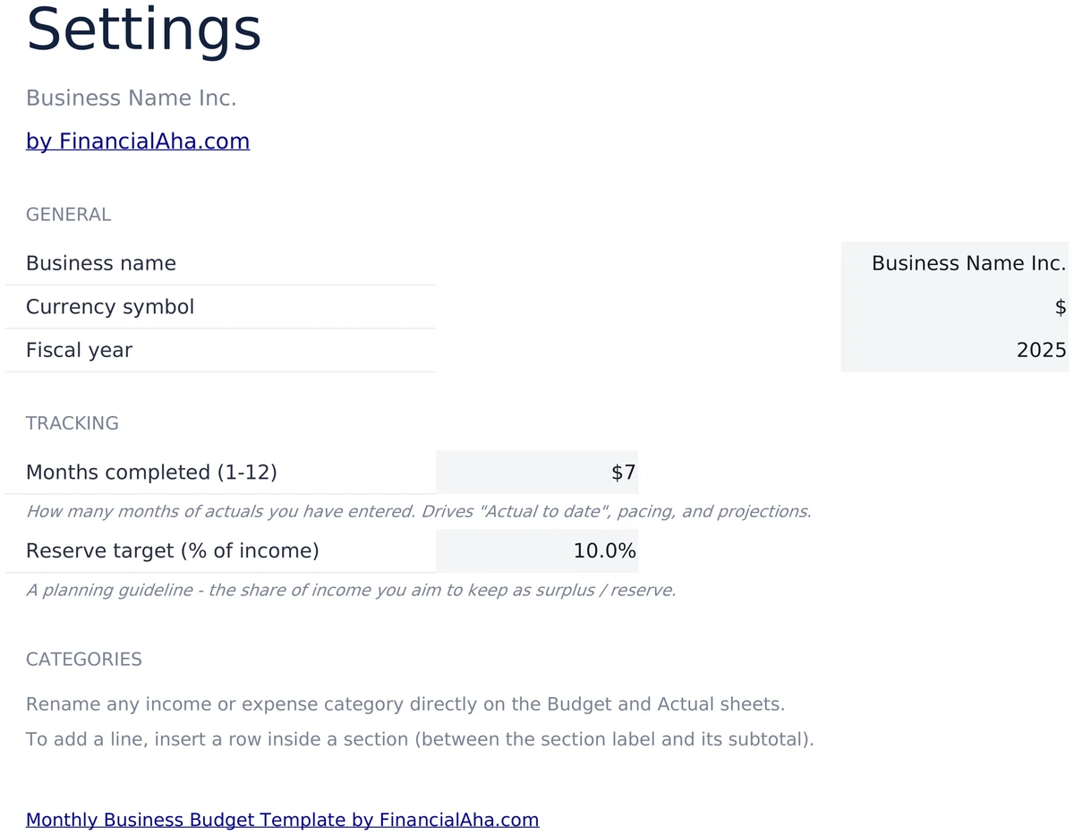 Monthly Business Budget Settings
