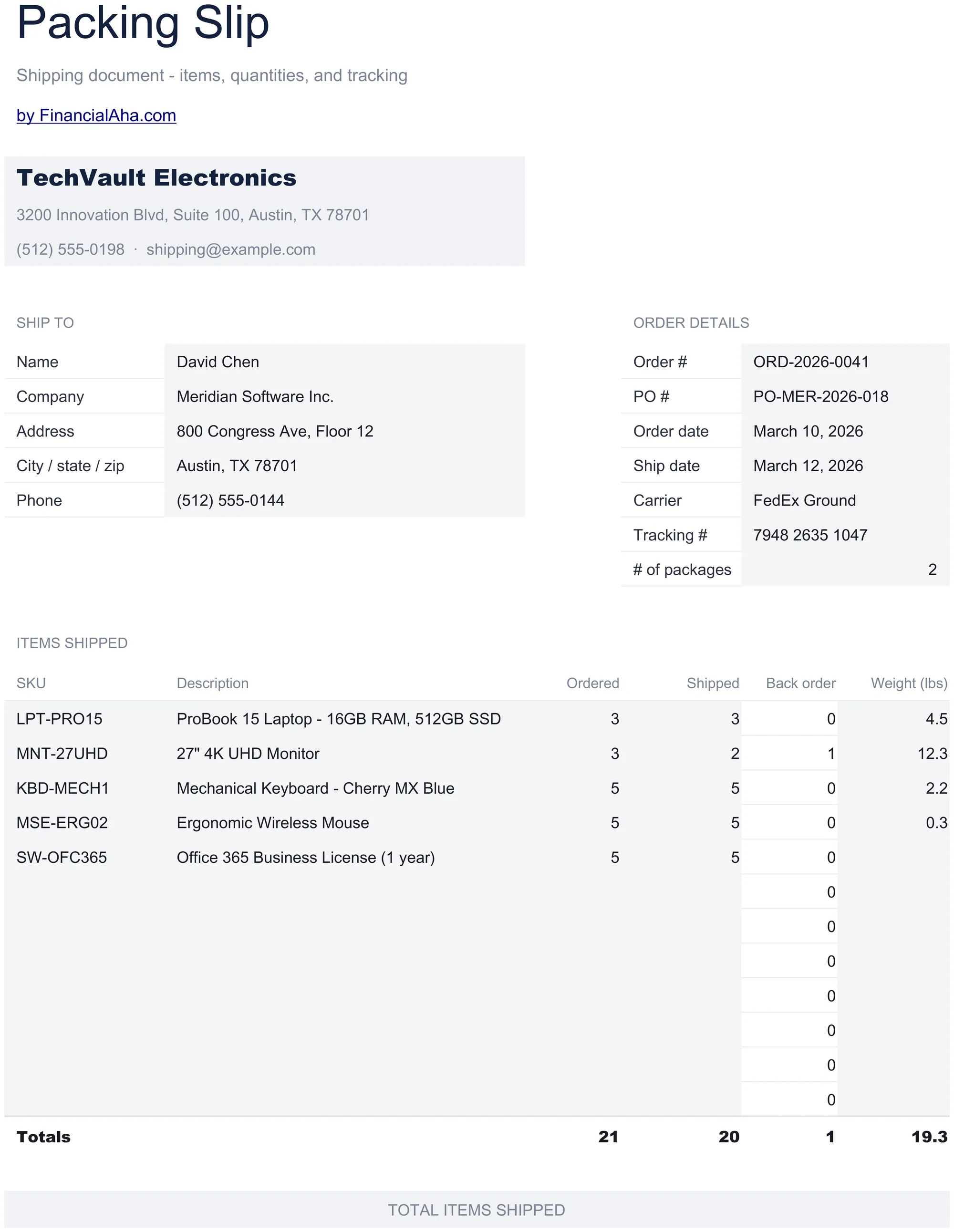 Essentials Packing Slip spreadsheet template - Google Sheets and Excel preview