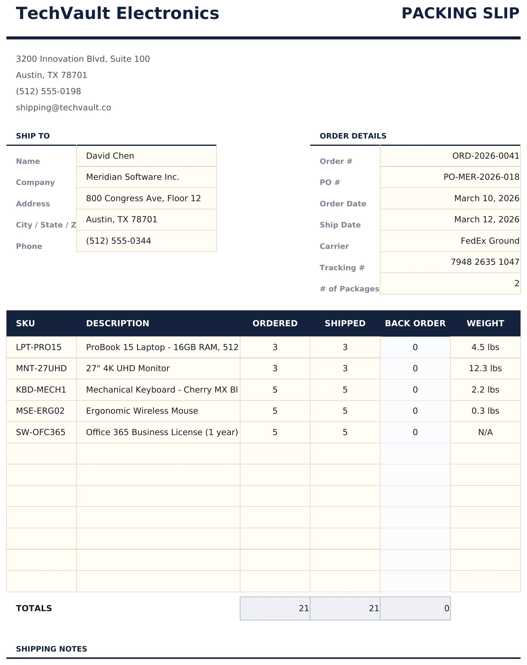 Packing Slip preview