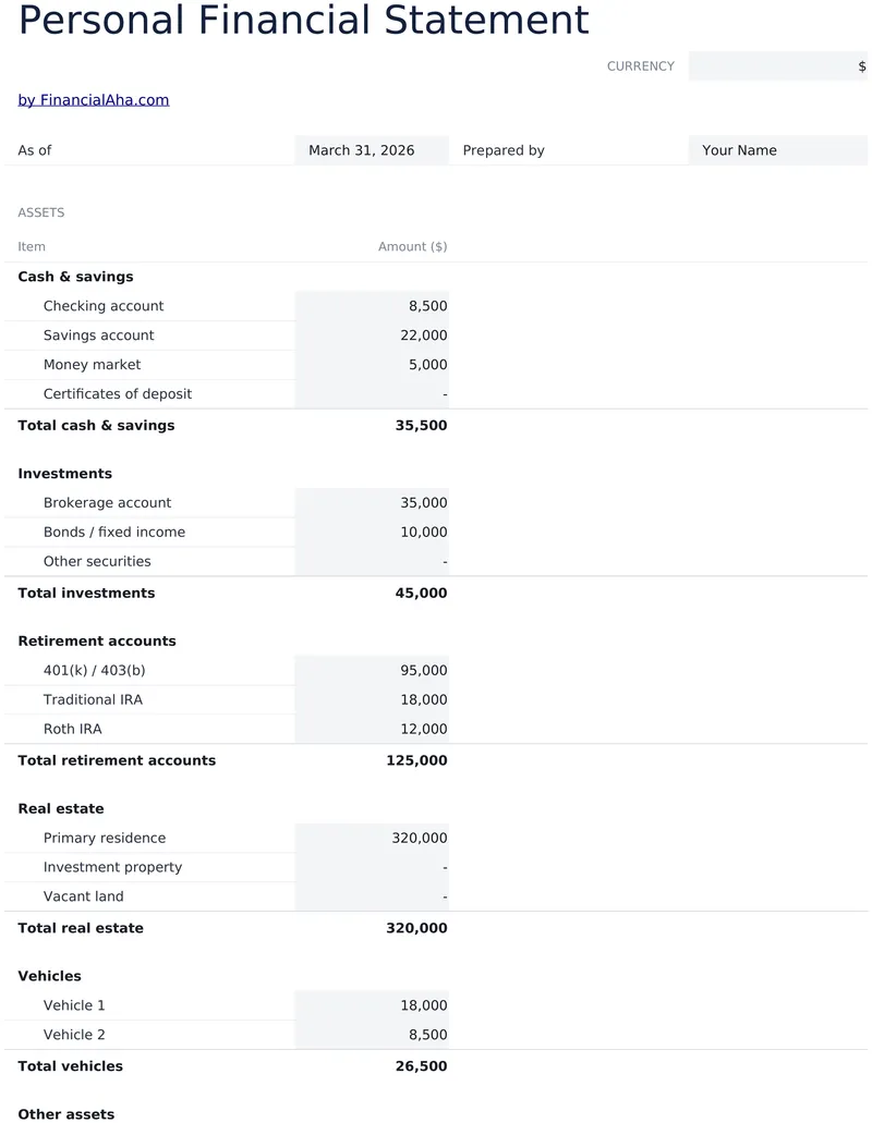 Personal Financial Statement preview