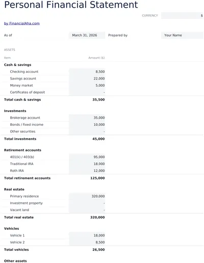 Personal Financial Statement preview