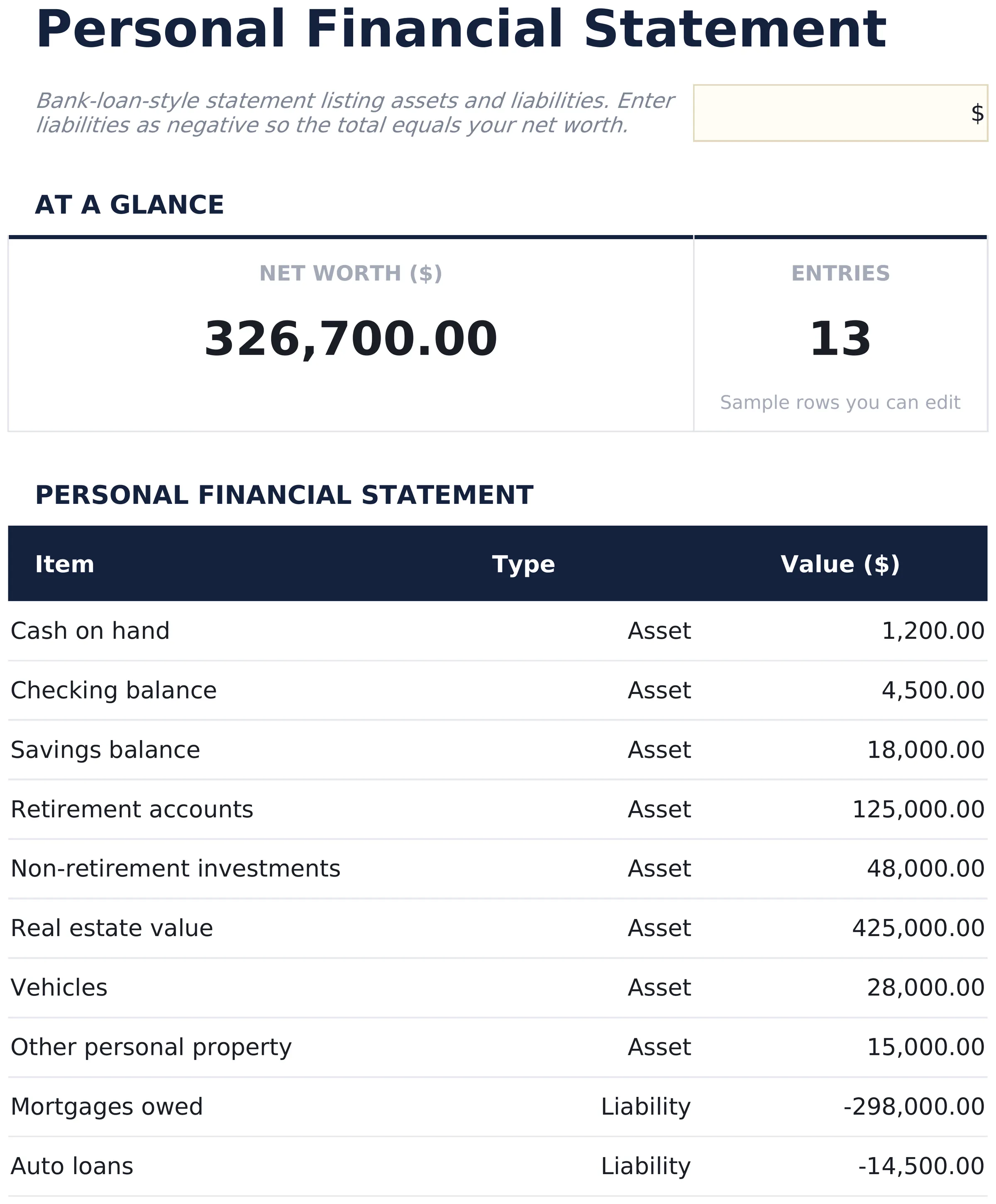Personal Financial Statement preview