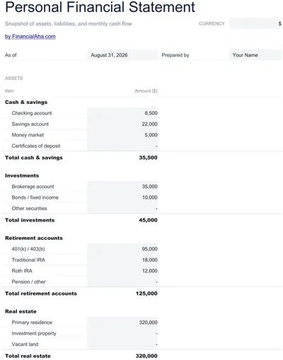 Personal Financial Statement preview