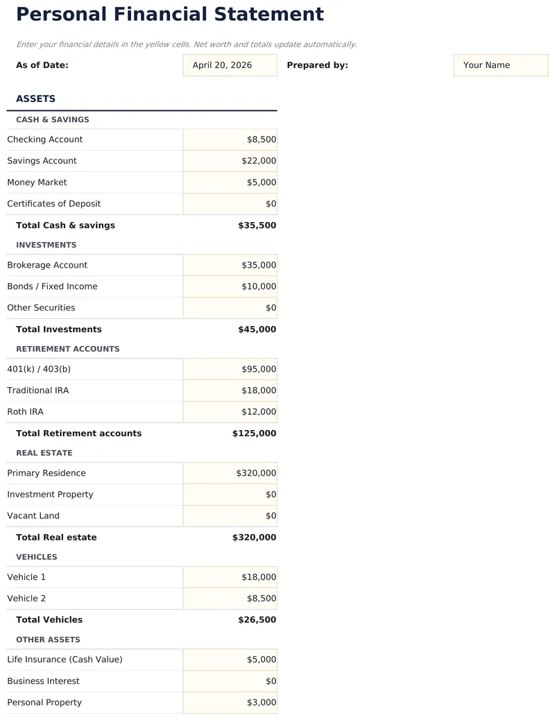 Personal Financial Statement preview