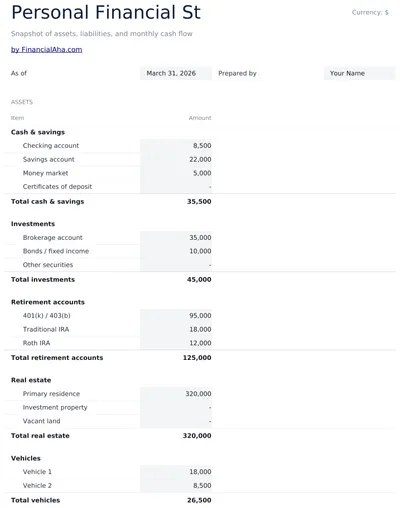 Personal Financial Statement preview