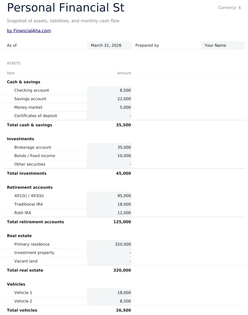 Personal Financial Statement preview