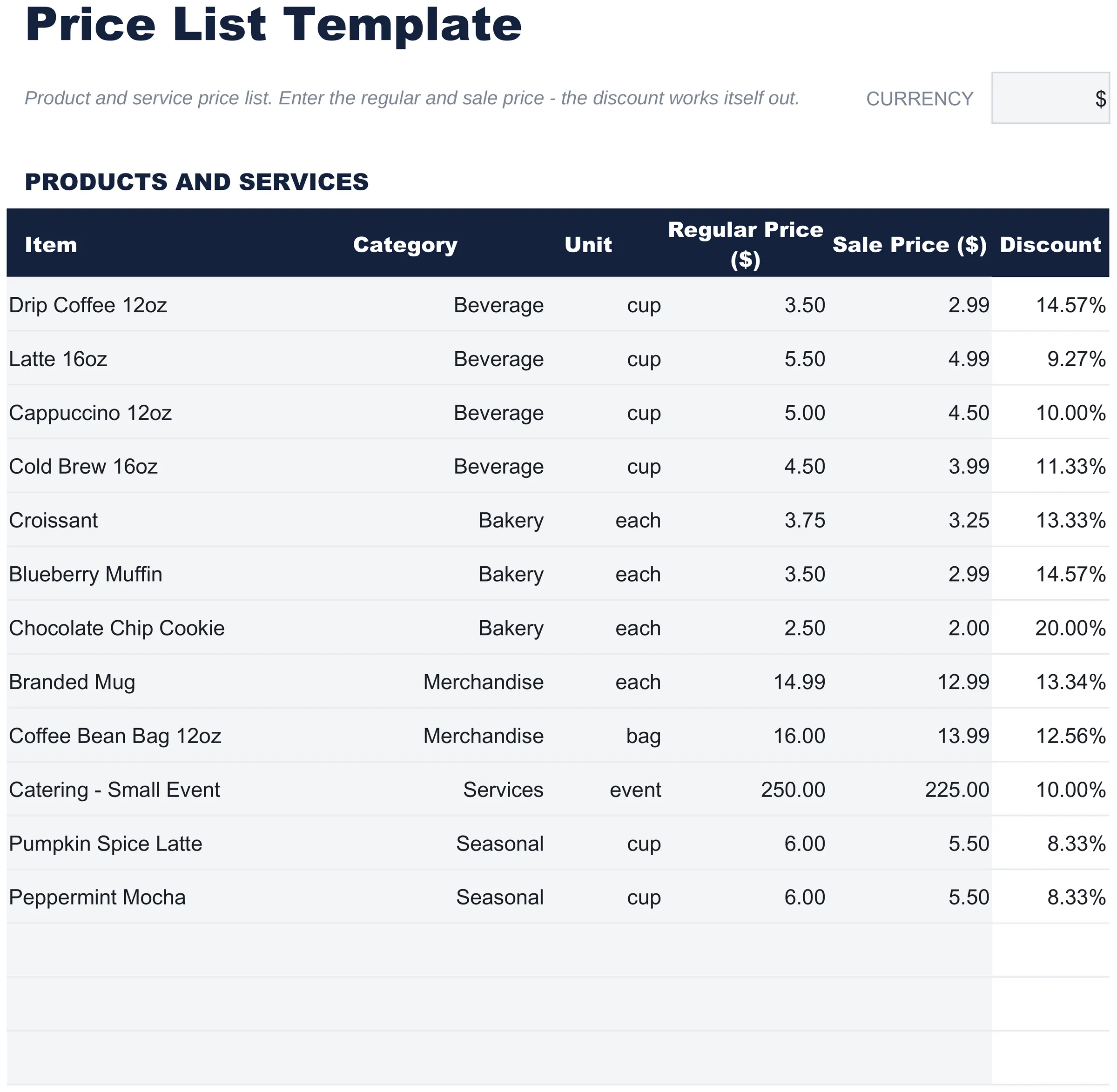 Free Price List Spreadsheet Template for Google Sheets & Excel - dashboard preview