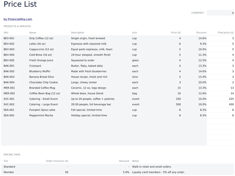 Price List Template preview