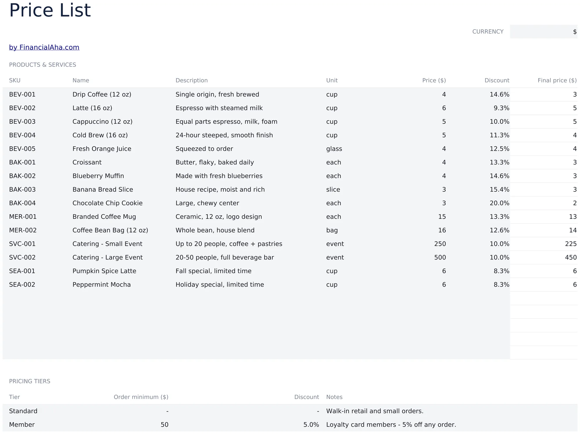 Price List Template preview