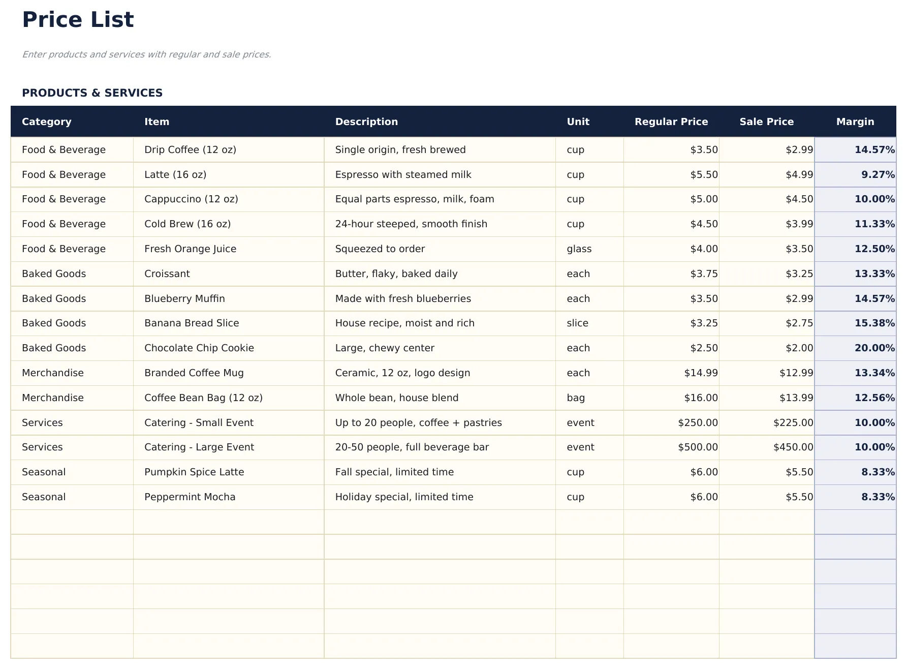 Price List Template preview