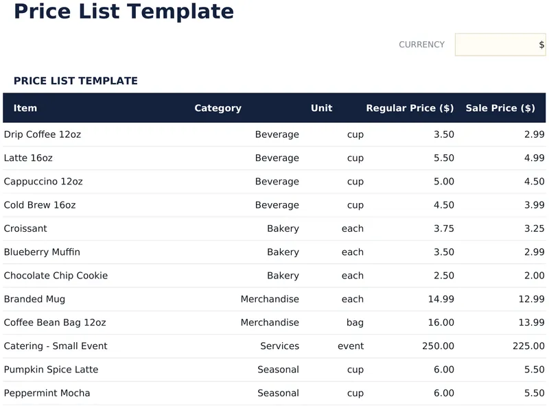 Price List Template