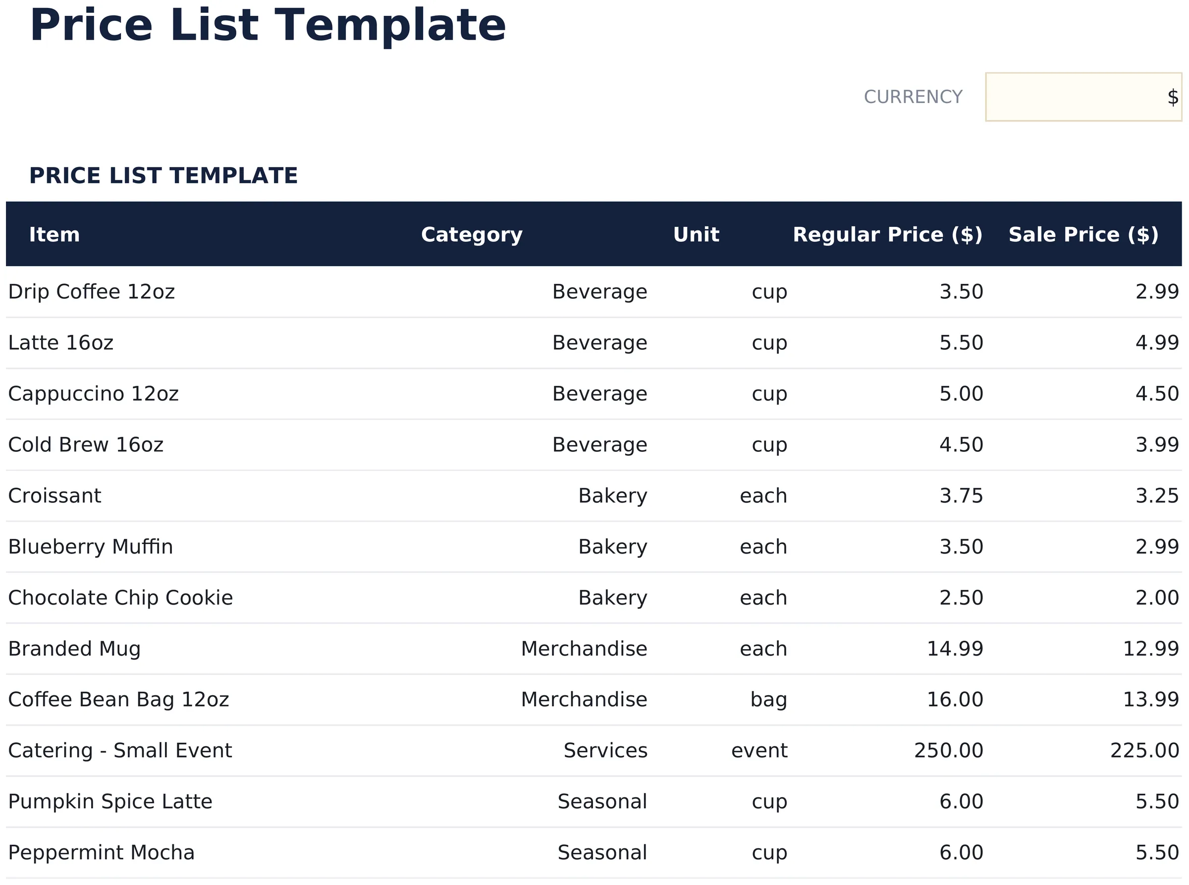 Price List Template preview