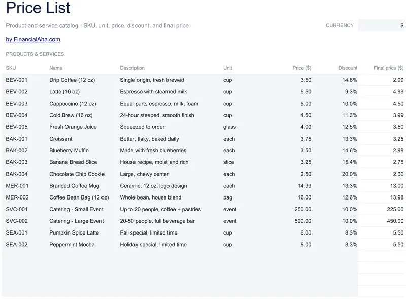Price List Template preview