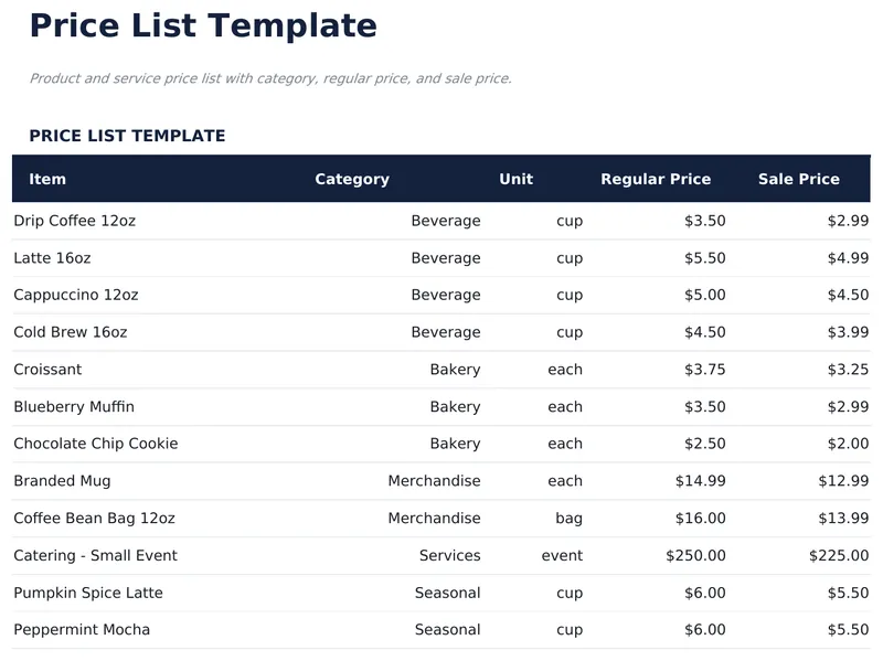 Price List Template