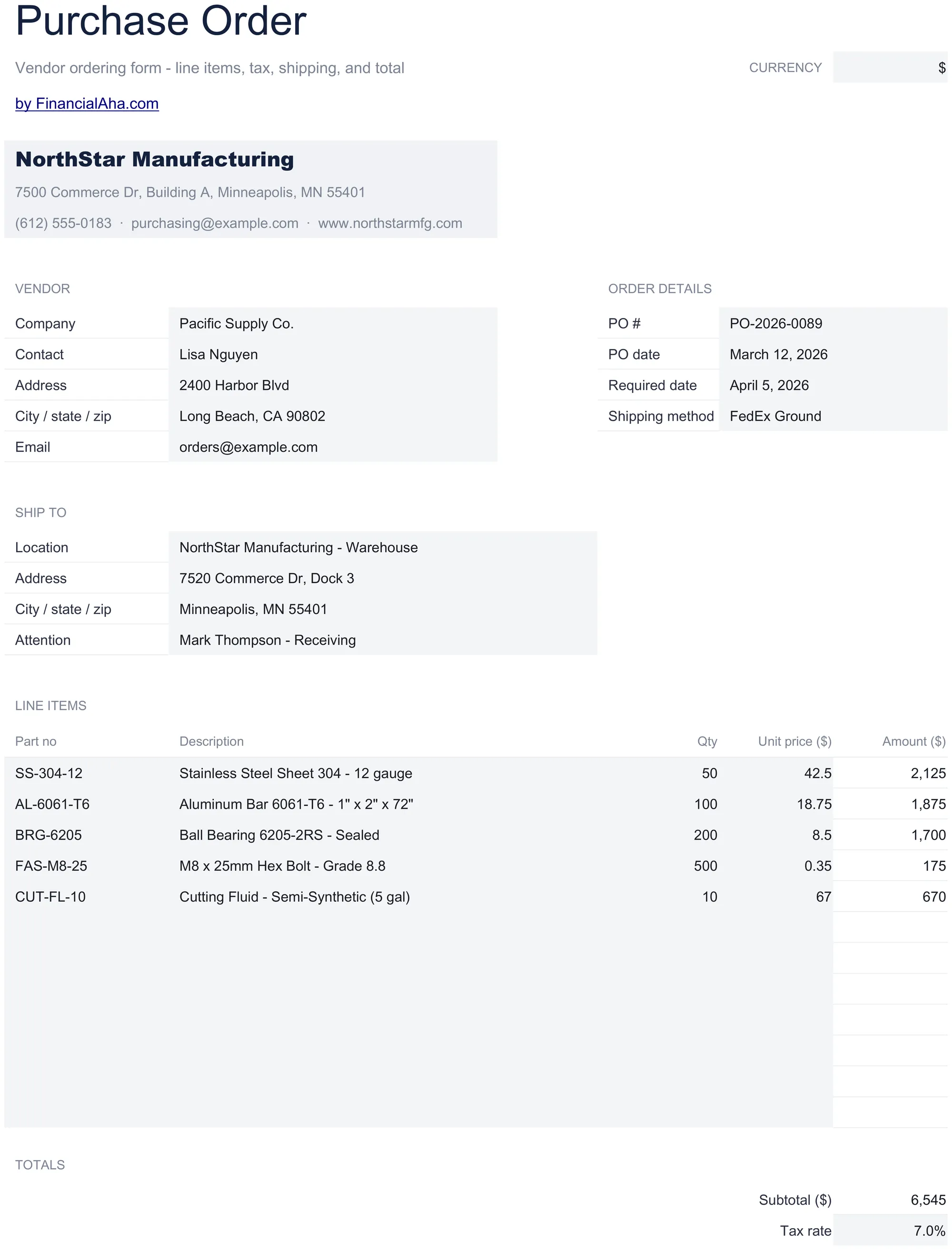 Essentials Purchase Order spreadsheet template - Google Sheets and Excel preview