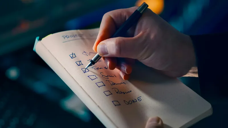 Close-up of a hand holding a pen and checking off items on a printed to-do list, with a few rows already ticked