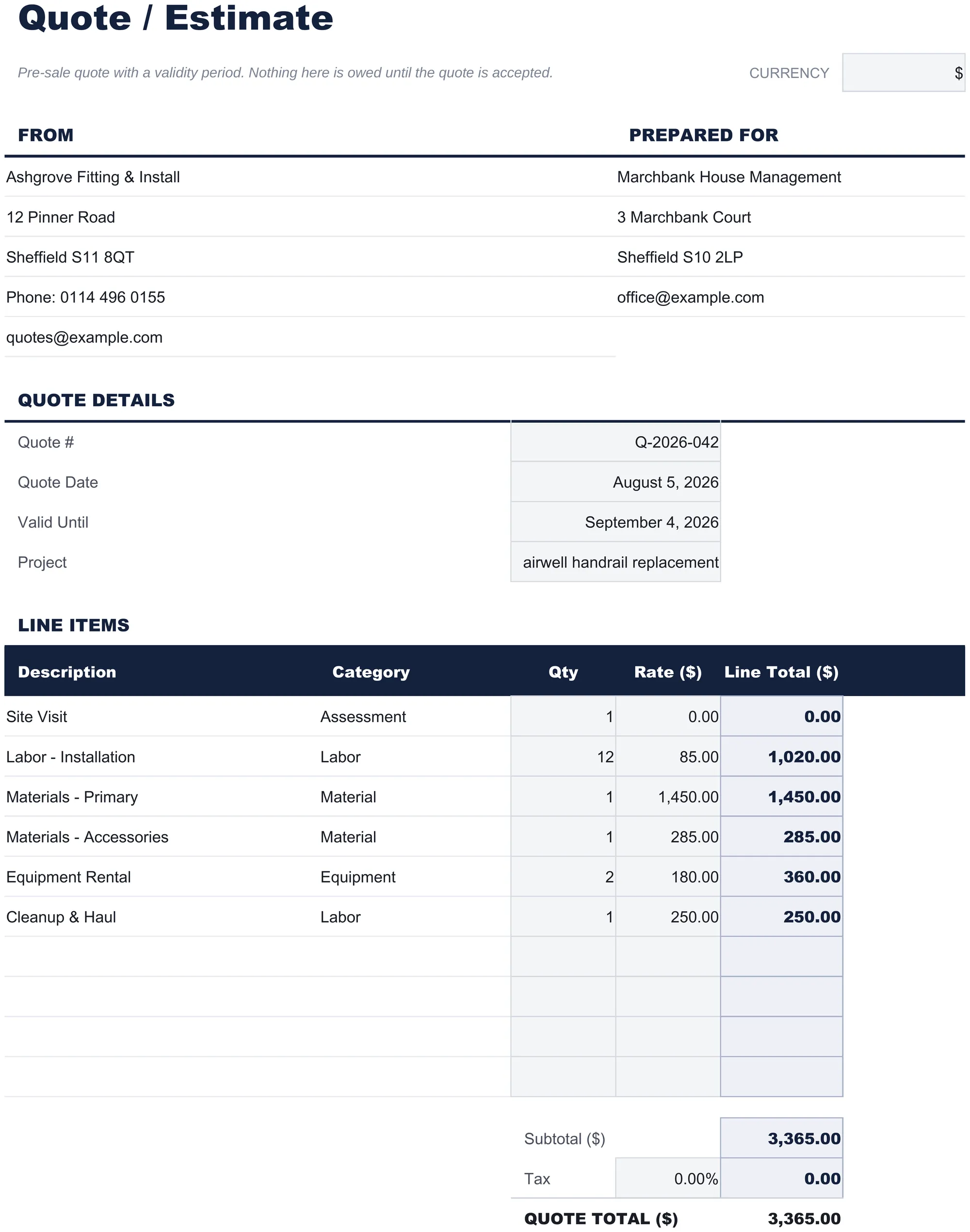 Free Quote Spreadsheet Template for Google Sheets & Excel - dashboard preview