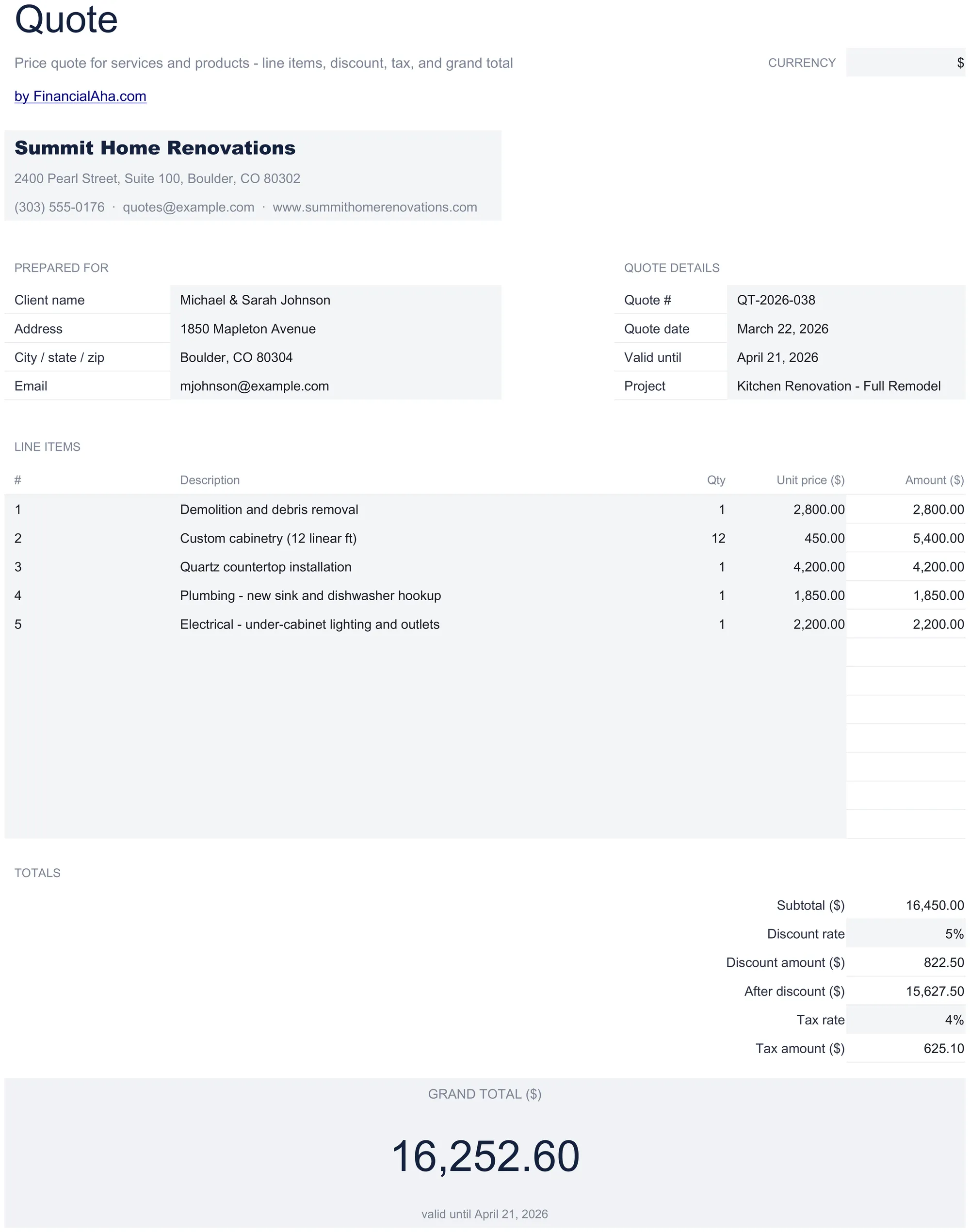 Essentials Quote Template spreadsheet template - Google Sheets and Excel preview