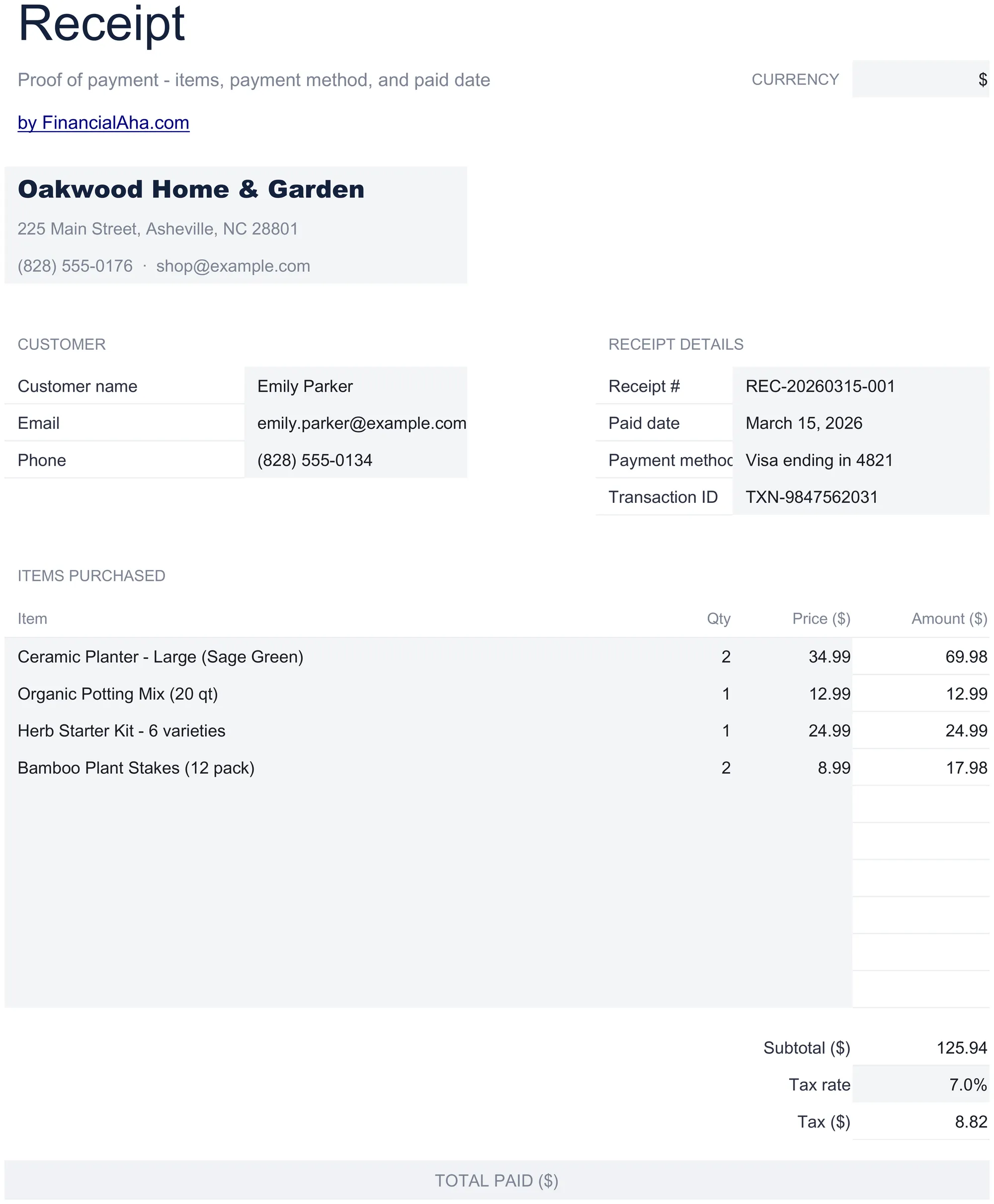 Essentials Receipt Template spreadsheet template - Google Sheets and Excel preview