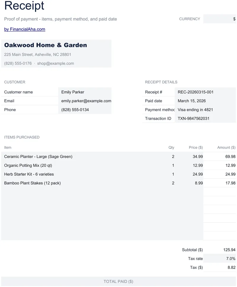 Receipt Template preview