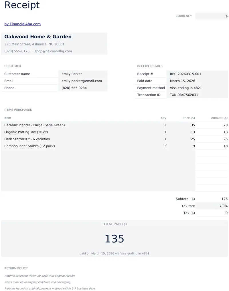 Receipt Template preview
